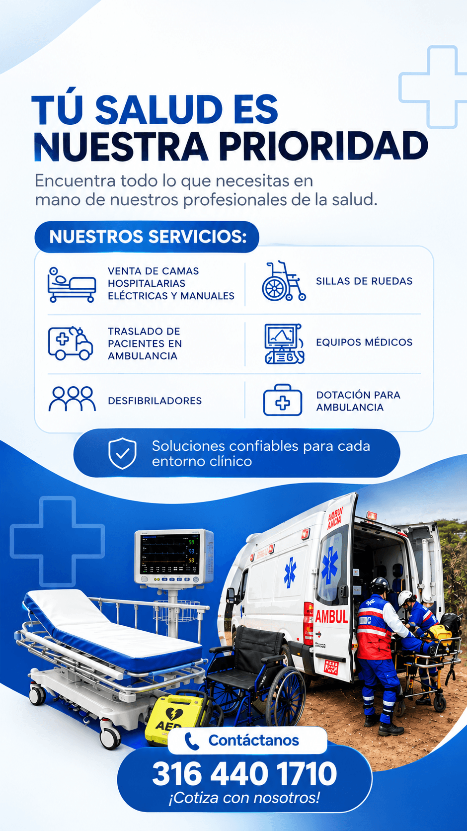 EQUIGEN Servicios de Salud: tu salud es nuestra prioridad. Camas hospitalarias, sillas de ruedas, traslado de pacientes en ambulancia, equipos médicos, desfibriladores y dotación para ambulancia. Contáctanos al 316 440 1710